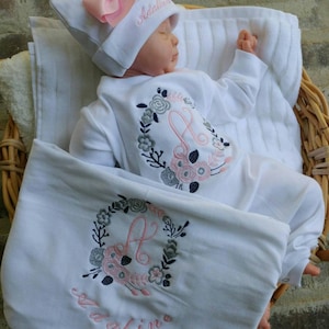 Newborn Girl Coming Home Outfit Monogrammed Floral Footie Romper Beanie Swaddling Blanket Take Home Outfit Floral Wreath Personalized Gift