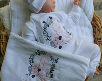 Monogrammed Newborn Girl Outfit: Floral Romper, Beanie & Swaddle Blanket