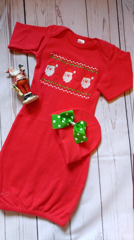 Newborn Christmas Gown with Santa – Baby Girl Outfit, Hat