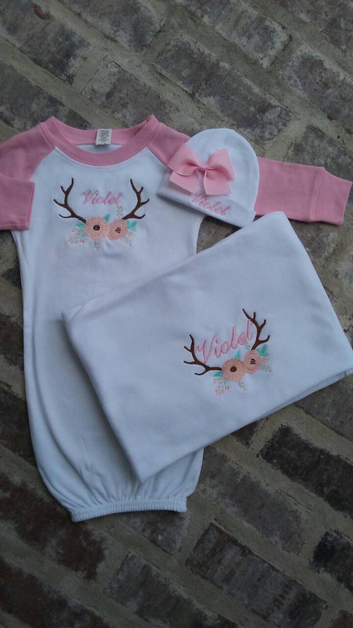 Newborn Girl Coming Home Outfit Personalized Floral Gown Beanie