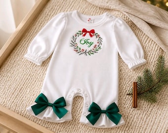 Christmas Newborn Baby Girl Floral Wreath Romper • Joy Holiday Infant Outfit • Fall Photo Outfit
