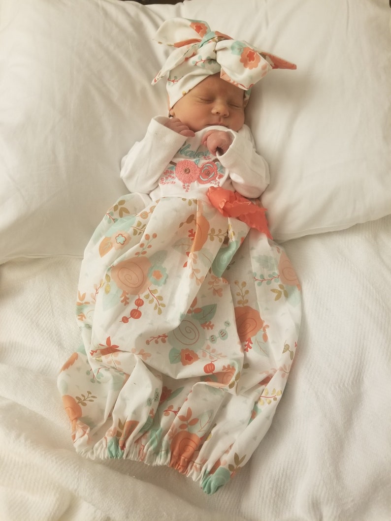 Newborn Girl Coming Home Outfit Personalized Floral Gown Turban BOHO Coral Mint Baby Girl Shower Gifts Take Home Outfit Floral Deer Antlers 