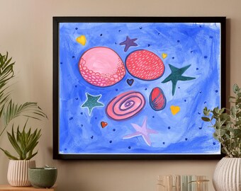 Handmade Digital Illustration of Colorful Planets and Stars, Instant Download Wall Art for Kids Nursery
