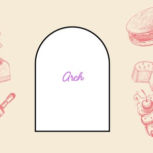 May include: A light beige background with a black arch shape in the center and the word "Arch" in purple script. The image features line drawings of baked goods, including cake slices, a rolling pin, and a cupcake.