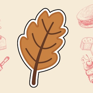 May include: A brown leaf sticker with a black outline and a white border, surrounded by sketches of baked goods like cake, a rolling pin, and a cupcake, all in a pink hue, on a beige background.