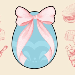 May include: A light blue oval shape with a pink bow and ribbon design. Surrounding the oval are illustrations of baked goods, including a slice of cake, a rolling pin, a cupcake, and a macaron.
