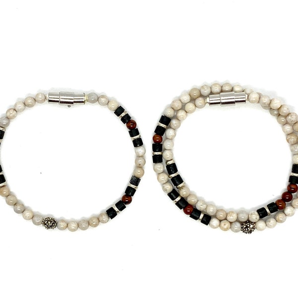 The 4LOVE Collection- 2 Bracelet Set: Fossilized Coral, Mahogany Obsidian, Picasso Jasper, with Sterling Silver and Marcasite Beads