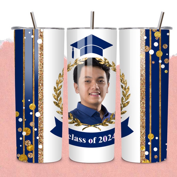 Class of 2024, graduation ,gold royal blue, tumbler wrap, graduation  Photo Tumbler Template, graduation PNG, photo collage PNG