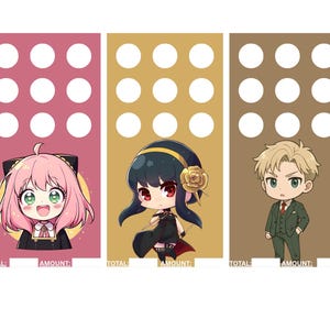 May include: Three rectangular cards featuring anime characters. The first card is pink with Anya Forger, the second is gold with Yor Forger, and the third is brown with Loid Forger. Each card has white circles and the words "TOTAL" and "AMOUNT".