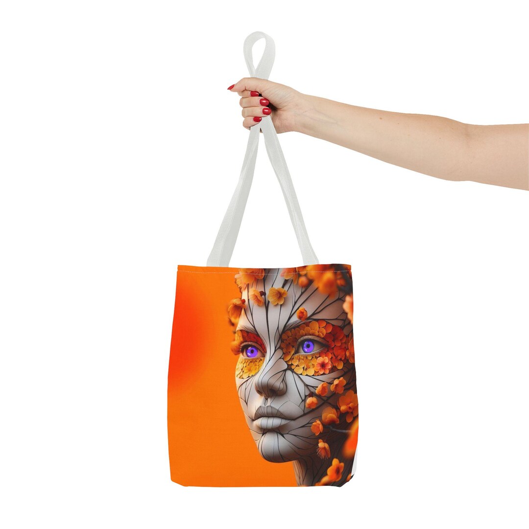 Tangerine Blossom Tote Bag, Floral Robot Carryall, Sci-fi