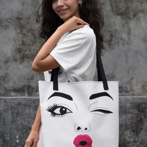 Chic Tote Bag - Flirty, Wink Design, Stylish Beach Bag, Unique, Shoulder Bag, Fashion Accessory, Reusable Grocery Bag, Gift Idea,