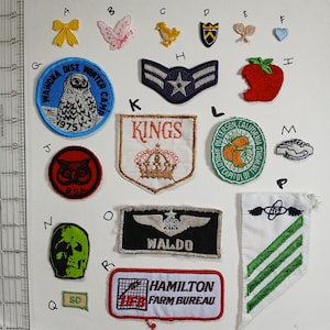 May include: A collection of 17 embroidered iron-on patches. The patches feature various designs, including owls, a skull, a crown, a star, an apple, a butterfly, a heart, a bird, and a plane. The patches are all different colors and sizes.