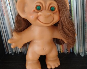 Rare Vintage Troll Denmark Dam Wishnik Long Brown Hair Green Eyes 5 inches tall