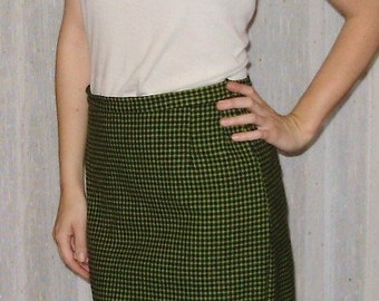 Houndstooth Pencil Skirt Small Wool Green Dark Blue Black