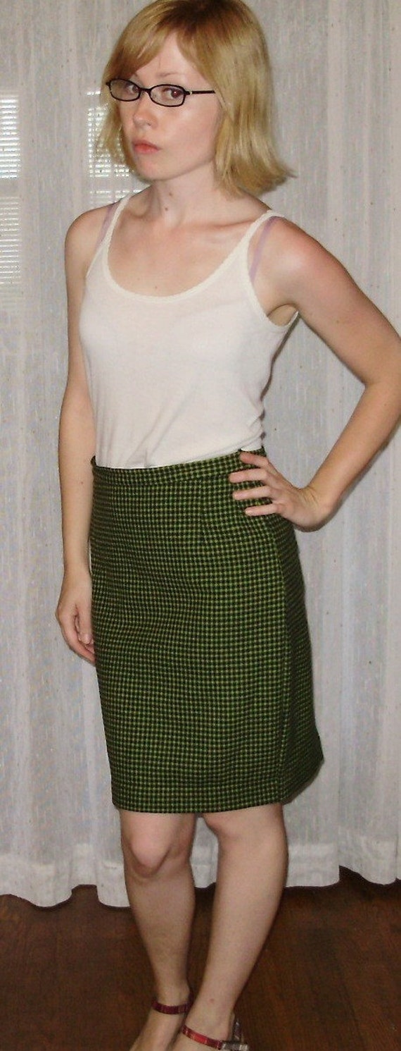 Houndstooth Pencil Skirt Small Wool Green Dark Blu