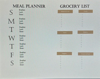 May include: A meal planner and grocery list template with a light blue background and brown boxes. The meal planner has a column for each day of the week, with space to write in breakfast, lunch, and dinner. The grocery list has sections for meats and fish, fruits, dairy, bakery, veggies, and grains and nuts.