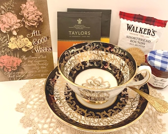 Vintage Royal Grafton Tea Cup and Saucer Set, Navy and Gold English Bone China