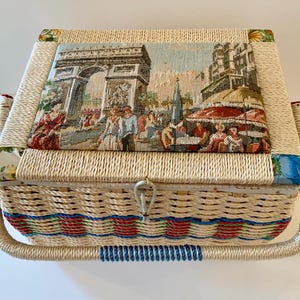 Vintage Wicker Sewing Basket, 1950’s Sewing Box Embroidered Lid, Vintage Wicker Box Paris Theme Lid, Vintage Sewing Gift, Wicker Sewing Box