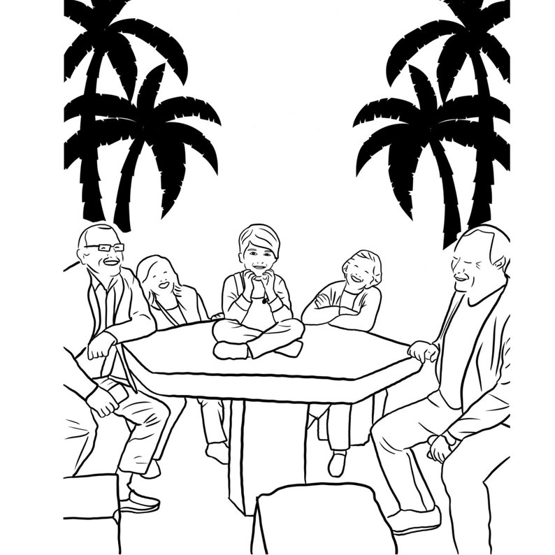 Pode incluir: Um desenho a preto e branco de cinco pessoas sentadas &agrave; volta de uma mesa com palmeiras no fundo.