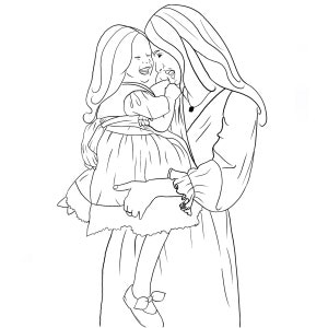 Pode incluir: Um desenho a preto e branco de uma mulher a segurar uma menina pequena nos bra&ccedil;os. A mulher est&aacute; a sorrir e a menina est&aacute; a olhar para ela.