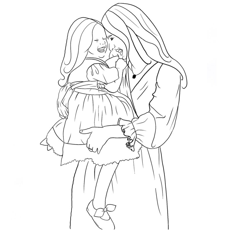 Pode incluir: Um desenho a preto e branco de uma mulher a segurar uma menina pequena nos bra&ccedil;os. A mulher est&aacute; a sorrir e a menina est&aacute; a olhar para ela.