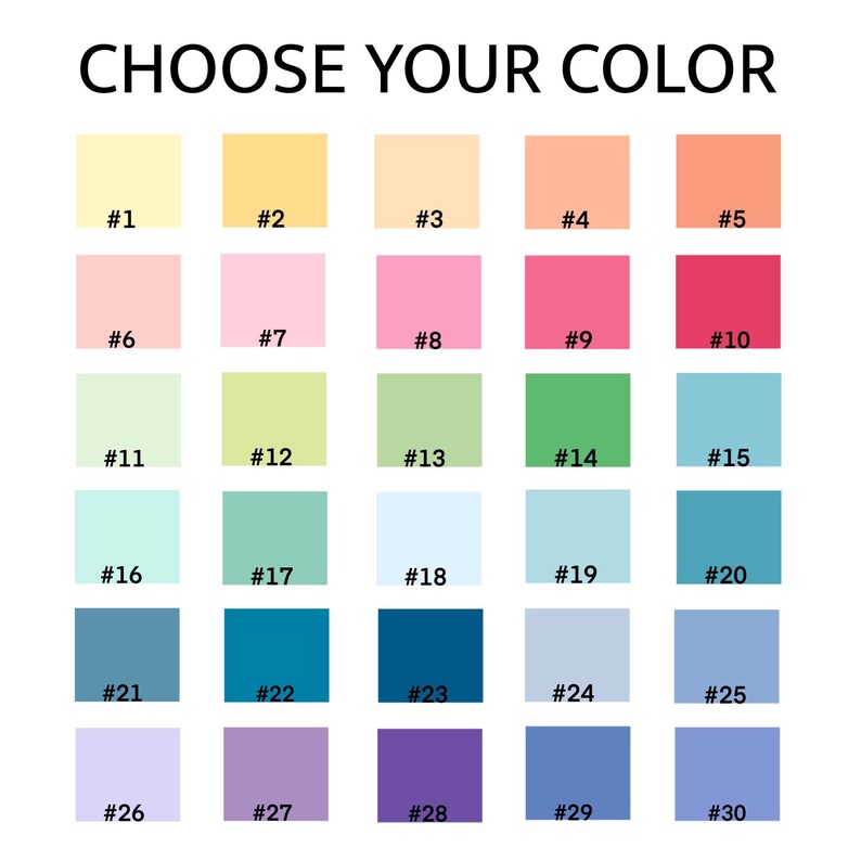 Pode incluir: Uma tabela de cores com 30 amostras de cores diferentes. Cada amostra &eacute; etiquetada com um n&uacute;mero de 1 a 30.