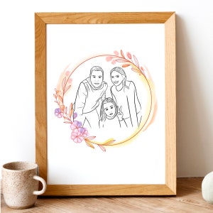 Pode incluir: Um desenho a preto e branco de uma fam&iacute;lia de tr&ecirc;s, um homem, uma mulher e uma crian&ccedil;a, dentro de um c&iacute;rculo de flores. O c&iacute;rculo est&aacute; sobre um fundo de aquarela com tons de rosa, laranja e amarelo.