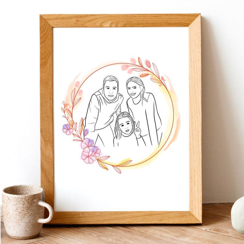 Pode incluir: Um desenho a preto e branco de uma fam&iacute;lia de tr&ecirc;s, um homem, uma mulher e uma crian&ccedil;a, dentro de um c&iacute;rculo de flores. O c&iacute;rculo est&aacute; sobre um fundo de aquarela com tons de rosa, laranja e amarelo.