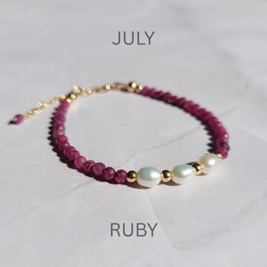 Ruby and Pearl Gemstone Bracelet: 14K Gold Filled July Birthstone