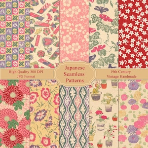 Puede incluir: Una colección de patrones japoneses sin costuras en varios diseños y colores. Los patrones incluyen motivos florales, geométricos e inspirados en la naturaleza en tonos de rosa, rojo, verde y amarillo. La imagen también incluye el texto "Japanese Seamless Patterns" y "19th Century Vintage Handmade."