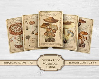 Vintage Mushroom Ephemera Cards, antique hand drawn specimen collage, printable ephemera for junk journals, scrapbooks, and papercrafts.