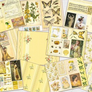 Thematische gelbe Collage Blätter für Junk Journals, digitales Dekorpapier, Ephemera mit Vintage Kunst, Vintage Dokumente, pingelige Schnitte