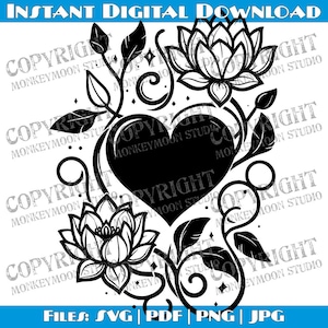 Hart- en lotusbloemen SVG - zwart-witte wijnstokken digitale kunst, bloemen clipart, botanisch ontwerp