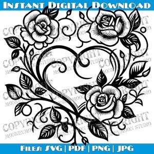 May include: Black and white digital download of a heart-shaped floral design with three roses and leaves. The design is ideal for crafting projects, scrapbooking, and more.