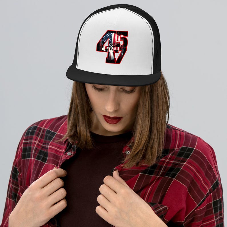 Bold and Edgy Patriotic Apparel - Trump 4547 with Patriotic Punisher | Trucker Cap