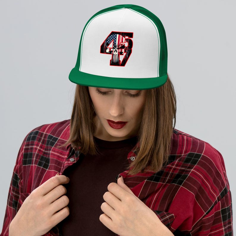 Bold and Edgy Patriotic Apparel - Trump 4547 with Patriotic Punisher | Trucker Cap