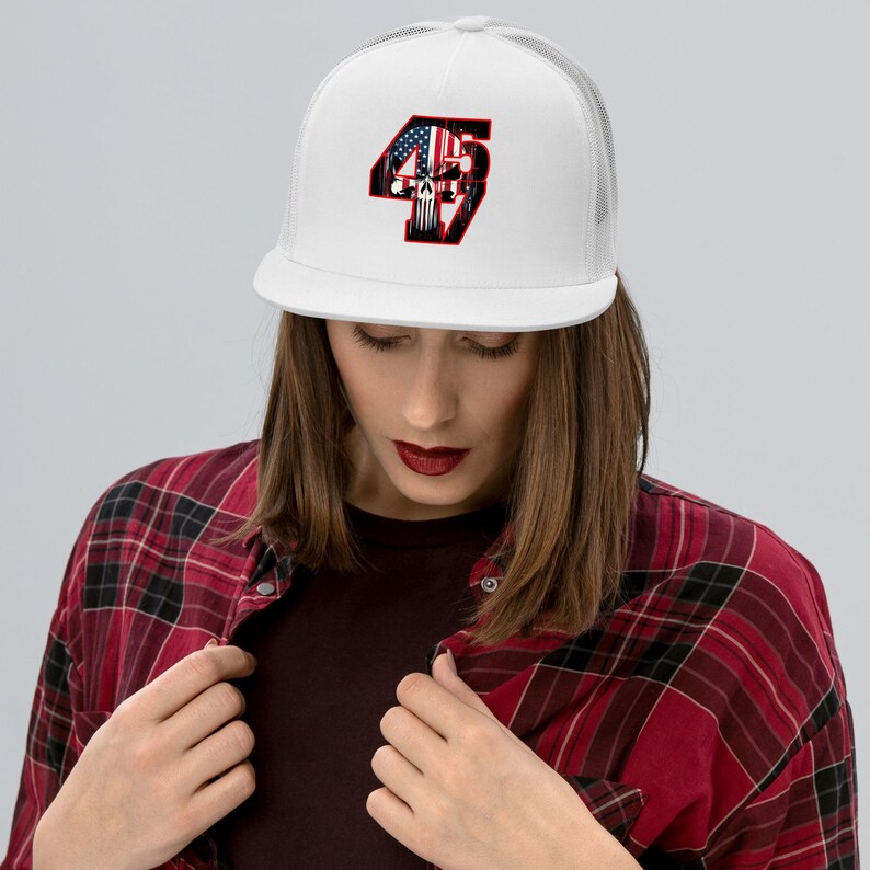 Bold and Edgy Patriotic Apparel - Trump 4547 with Patriotic Punisher | Trucker Cap