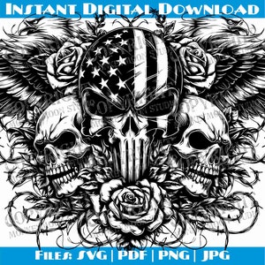 Könnte beinhalten: Schwarz-weiß-Illustration eines Schädels mit einer amerikanischen Flagge dahinter. Der Schädel ist von Rosen und Stacheldraht umgeben.