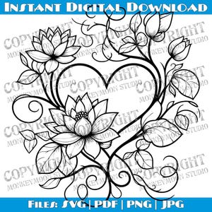 Hart, lotusbloemen en wijnstokken, ingewikkelde zwart-witillustratie, perfect voor knutselen en decor, bloemen clipart