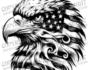 Águila patriótica combinada con bandera estadounidense, archivo digital en blanco y negro, regalos, manualidades, proyectos de bricolaje.