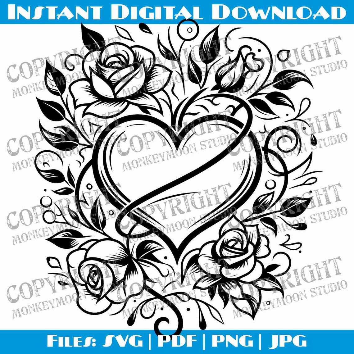 Heart, Roses and Vines - Black and White Digital File, Instant Download ...