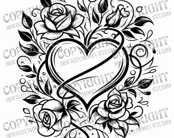 Corazón, rosas y enredaderas - Archivo digital en blanco y negro, descarga instantánea, proyectos de bricolaje