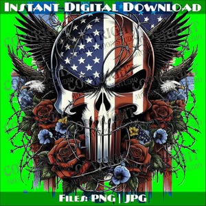 Patriotic Punisher Skull: American Flag, Roses, Eagles (Digital File)