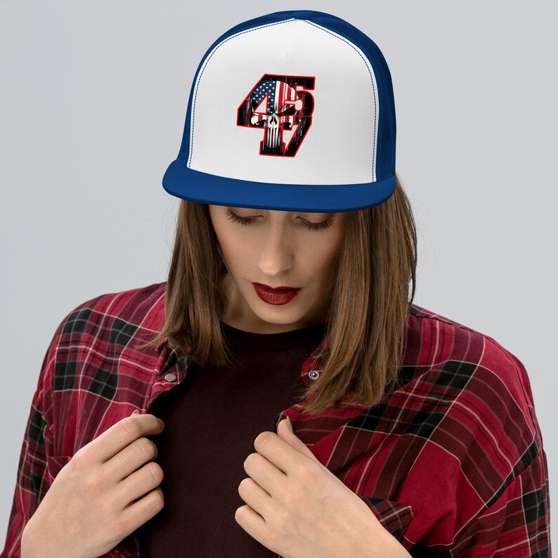 Bold and Edgy Patriotic Apparel - Trump 4547 with Patriotic Punisher | Trucker Cap