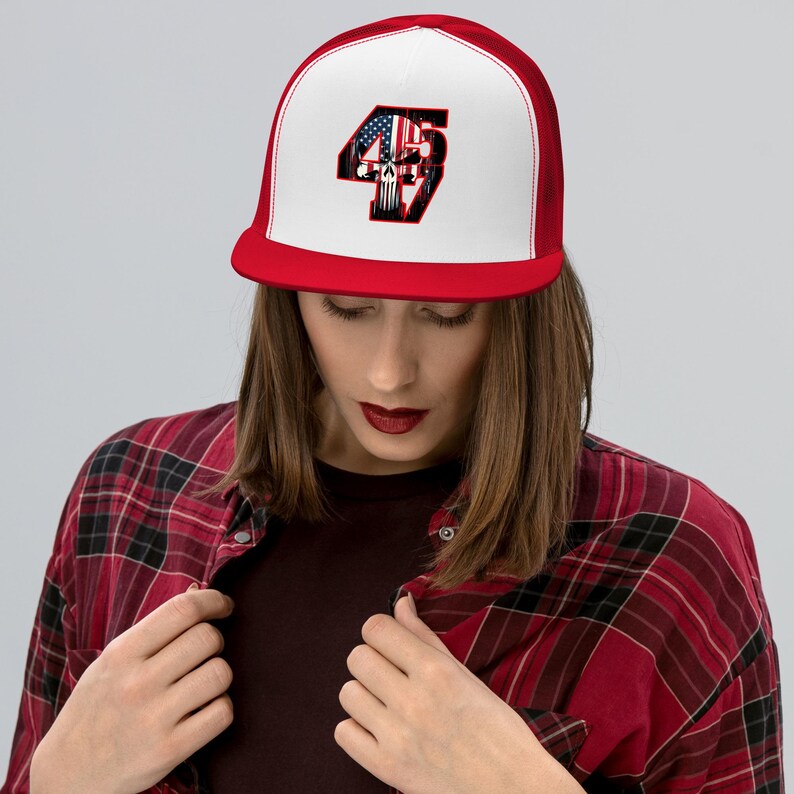 Bold and Edgy Patriotic Apparel - Trump 4547 with Patriotic Punisher | Trucker Cap