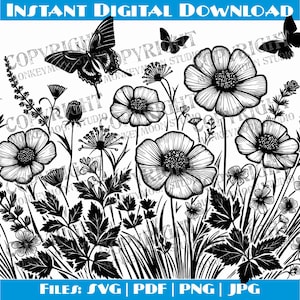 Wildblumen und Schmetterlinge SVG Digital Design, Komplizierte Schwarz Weiß Natur Illustration, Perfekt für Handwerk und Wohnkultur