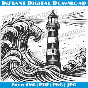 May include: A black and white illustration of a lighthouse standing tall against a large wave. The lighthouse has a pointed roof and a tall, narrow tower with a window at the top. The wave is crashing against the lighthouse, creating a dramatic scene.