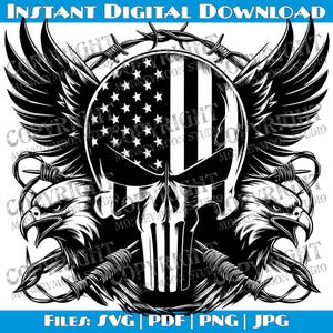 May include: Black and white digital design featuring a skull with an American flag design, two eagle heads, and barbed wire. The skull has a Punisher-style design.