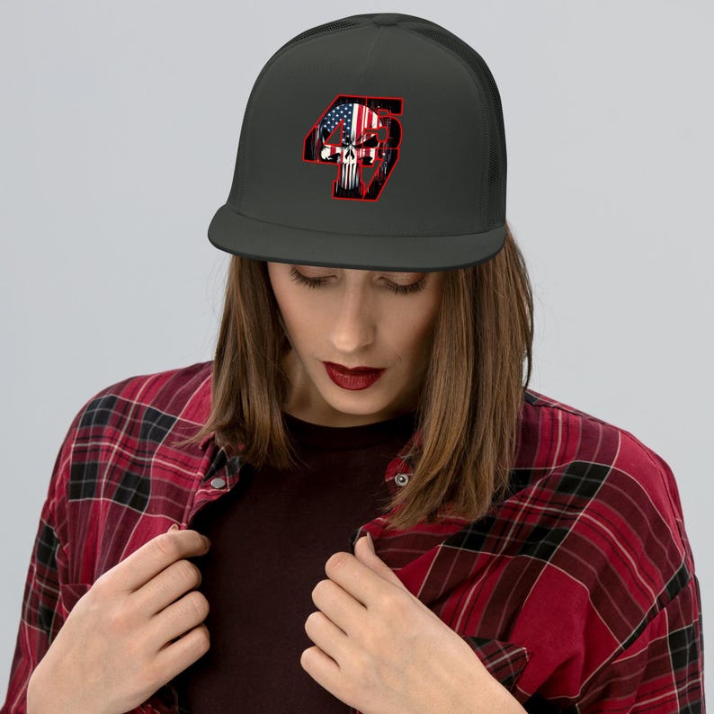 Bold and Edgy Patriotic Apparel - Trump 4547 with Patriotic Punisher | Trucker Cap