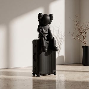 May include: A matte black collectible figure with X-shaped eyes and rounded ears sits atop a vertical black suitcase featuring a ribbed, grooved exterior design. The figure wears a short-sleeved shirt and shorts, while the suitcase has four wheels.